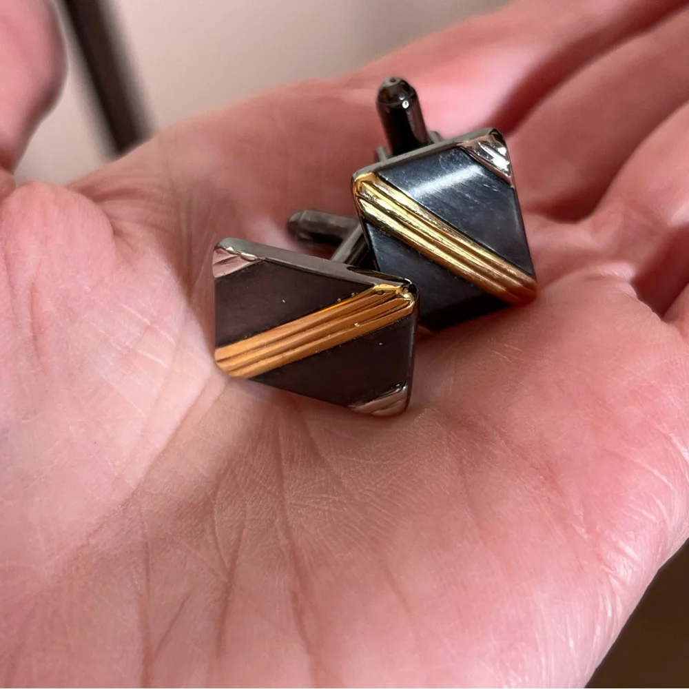 Vintage 1960 70 MCM Mod Art Deco Silver Black gold Mobking oversized Cufflinks